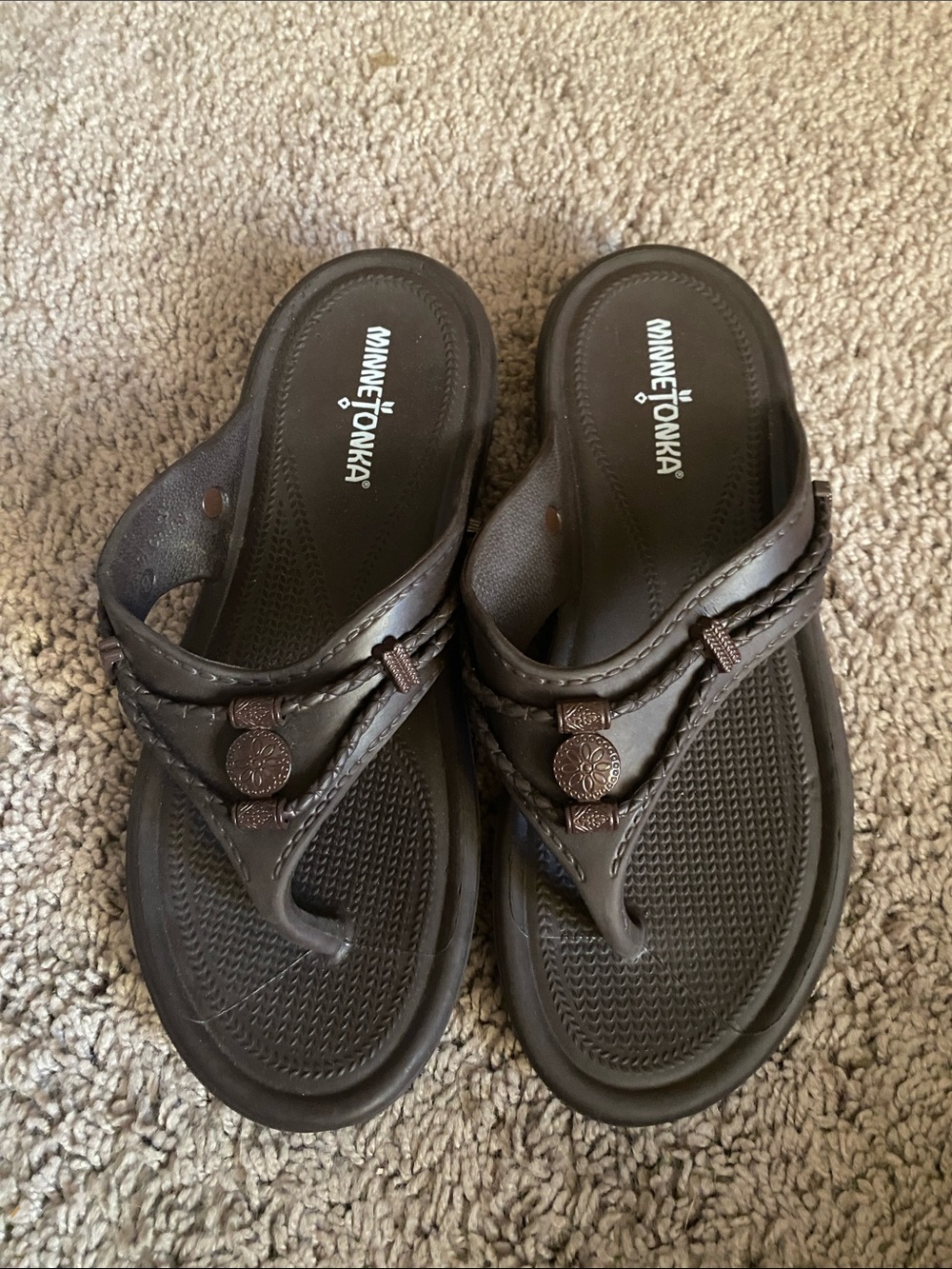 Minnetonka Dark Brown Braided Toe-Post Sandals